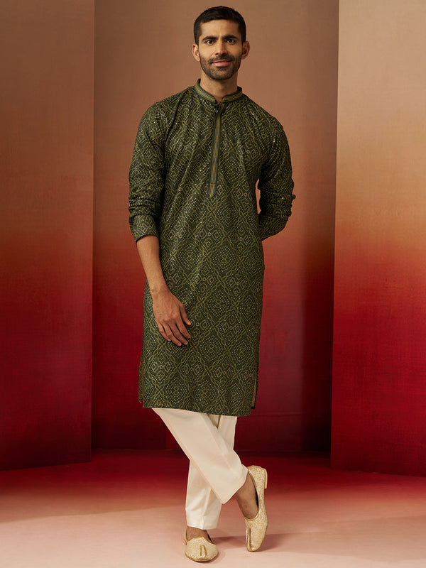 Men's Green Bandhani Gems Work Kurta with Pyjama