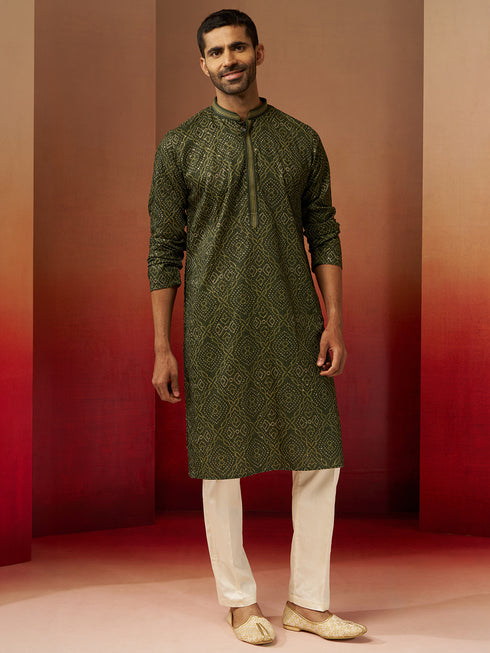 Men's Green Bandhani Gems Work Kurta with Pyjama