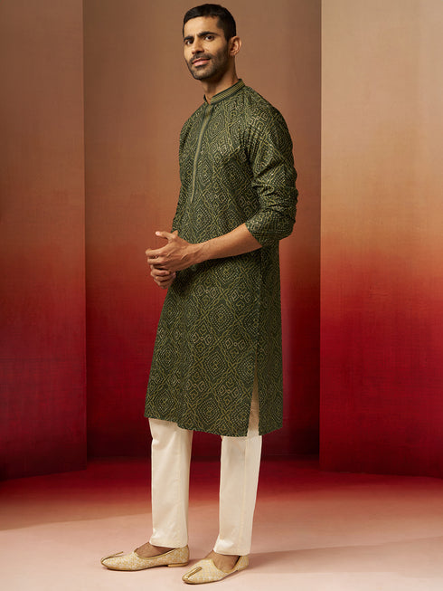 Men's Green Bandhani Gems Work Kurta with Pyjama