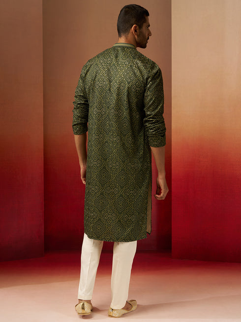 Men's Green Bandhani Gems Work Kurta with Pyjama