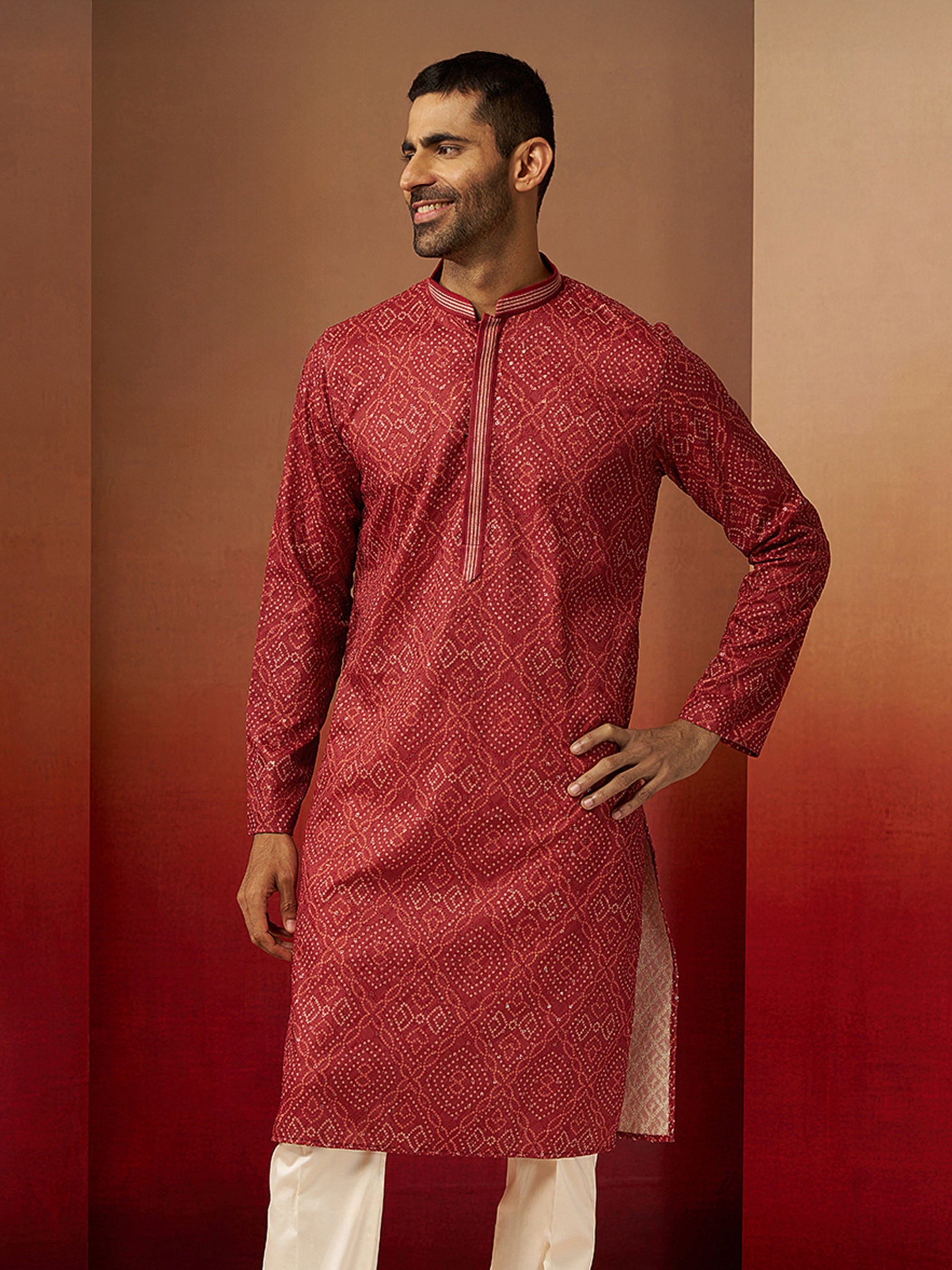 Men Rust Cotton Bandhani Embroidered Kurta
