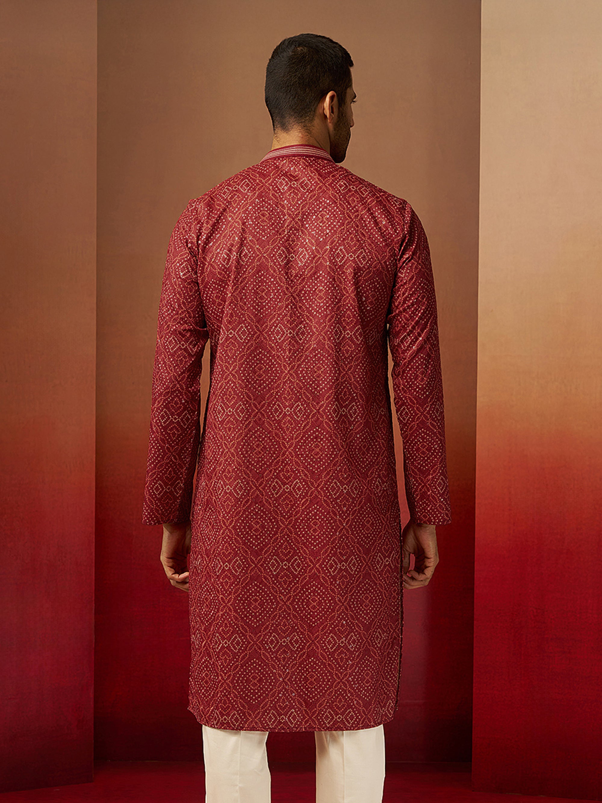 Men Rust Cotton Bandhani Embroidered Kurta