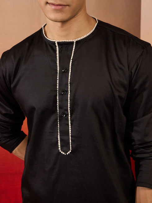 Men's Black Cotton Millennium Kurta Lace Detail
