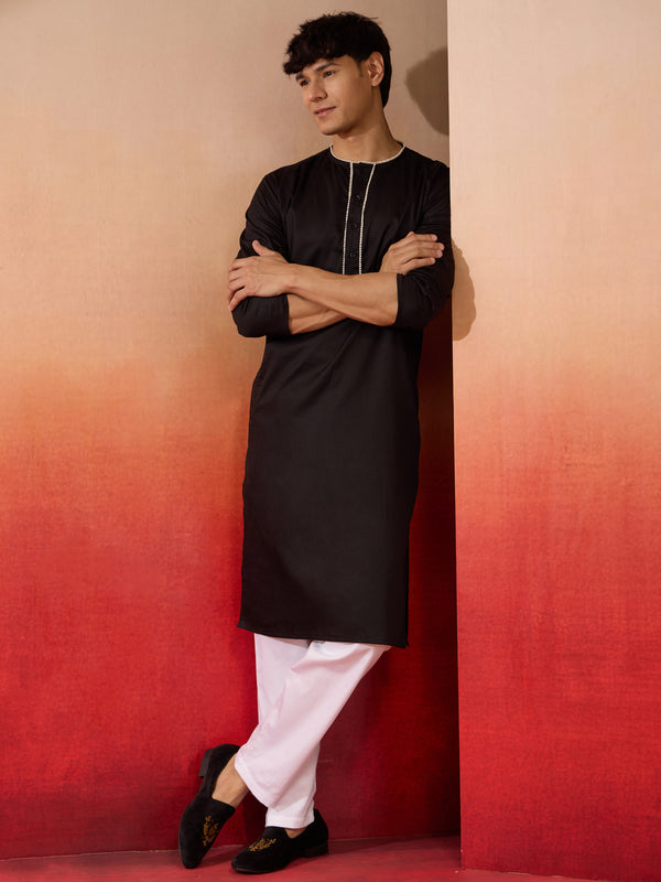 Men's Black Cotton Kurta White Pyjama Set