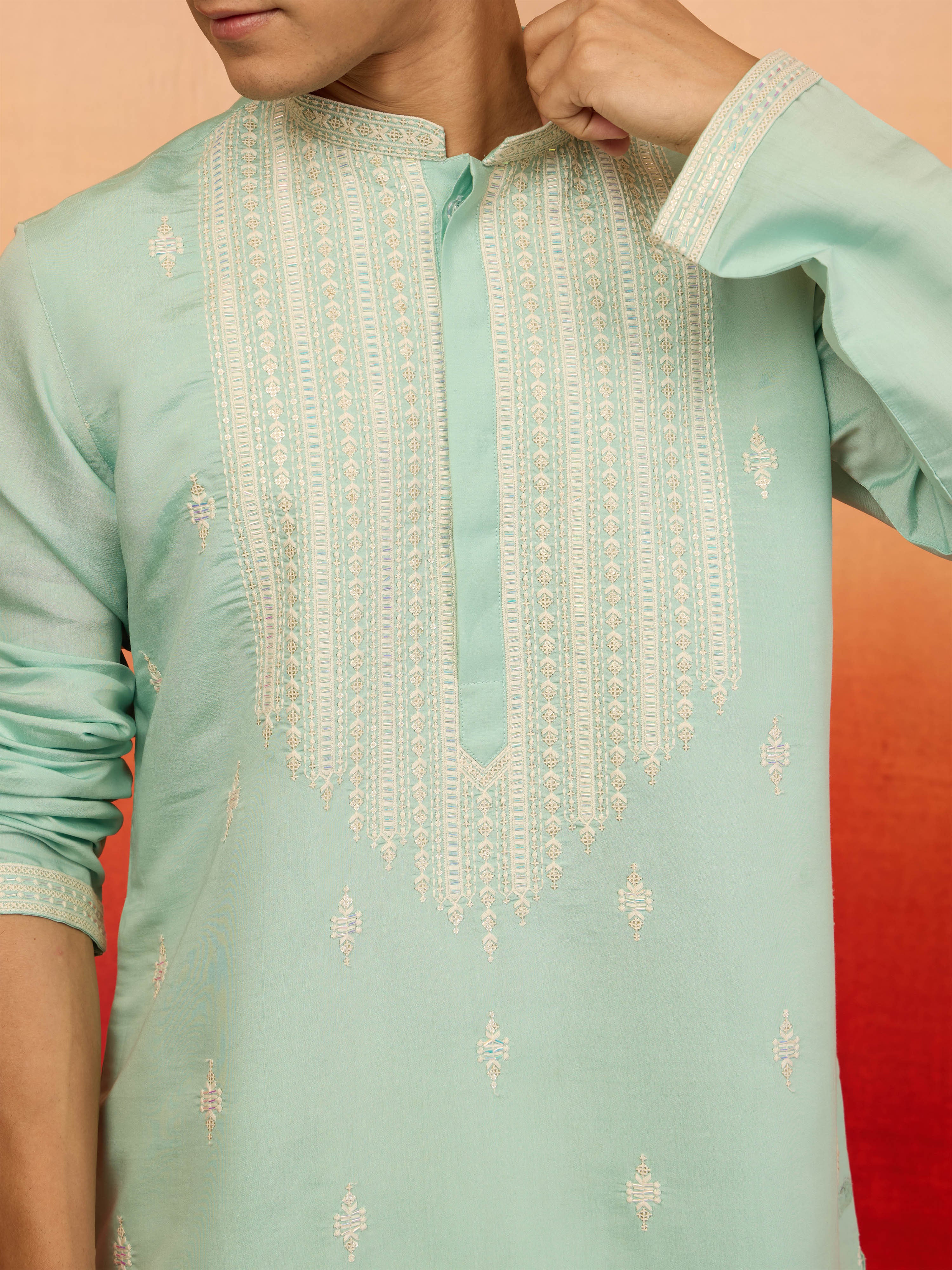 Men's Mint Green Embroidered Silk Kurta