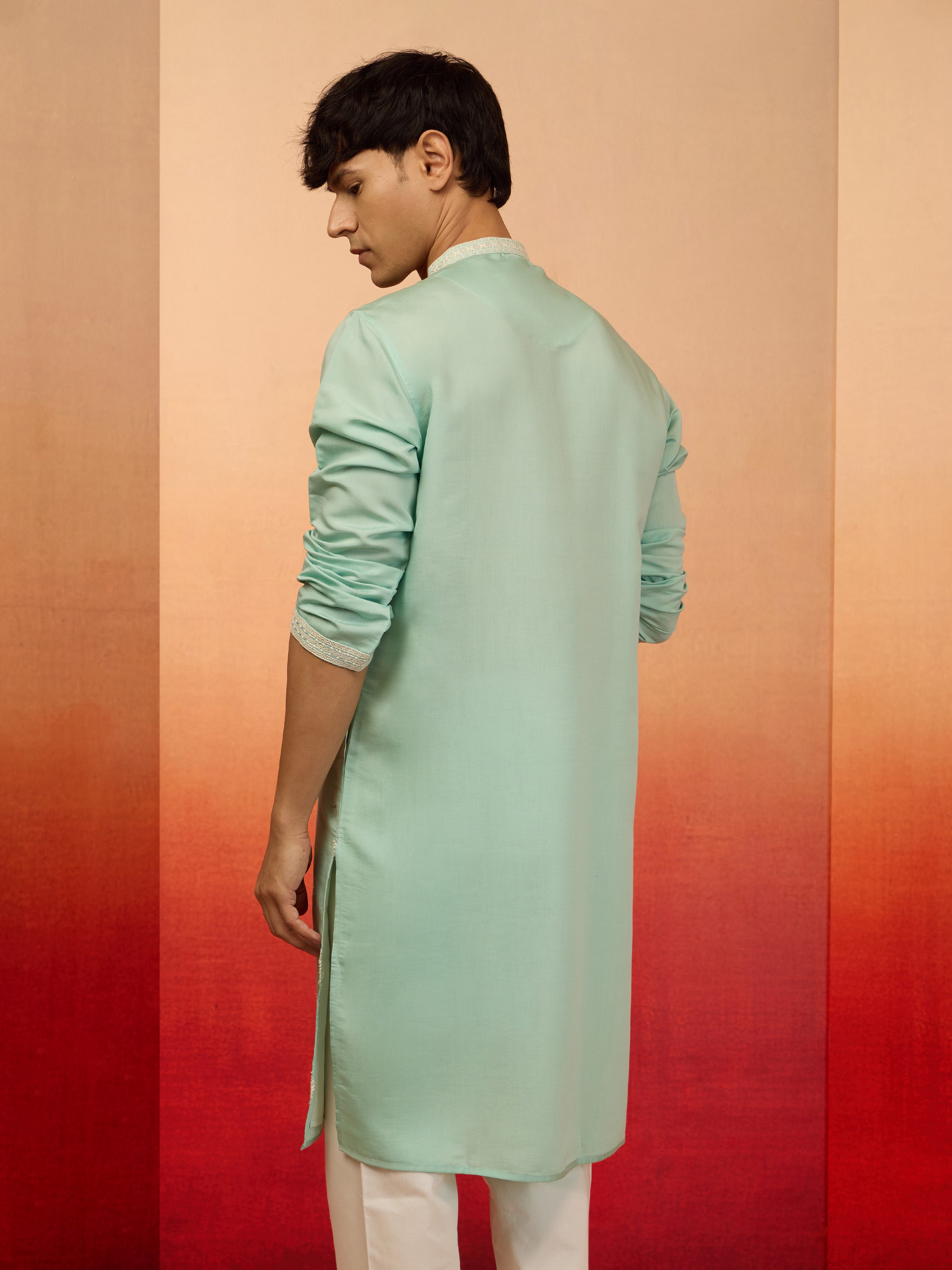 Men's Mint Green Embroidered Silk Kurta