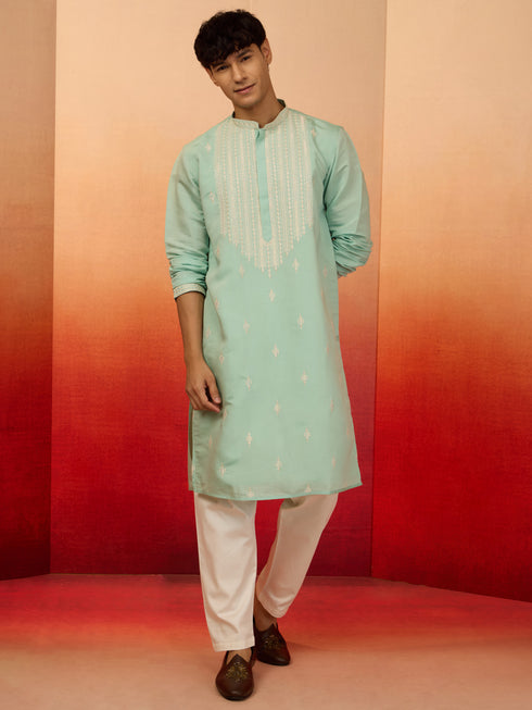 Men's Mint Green Silk Blend Embroidered Kurta with Cream Pyjama