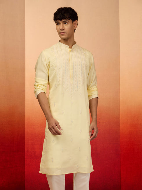 Men's Yellow Embroidered Silk Kurta