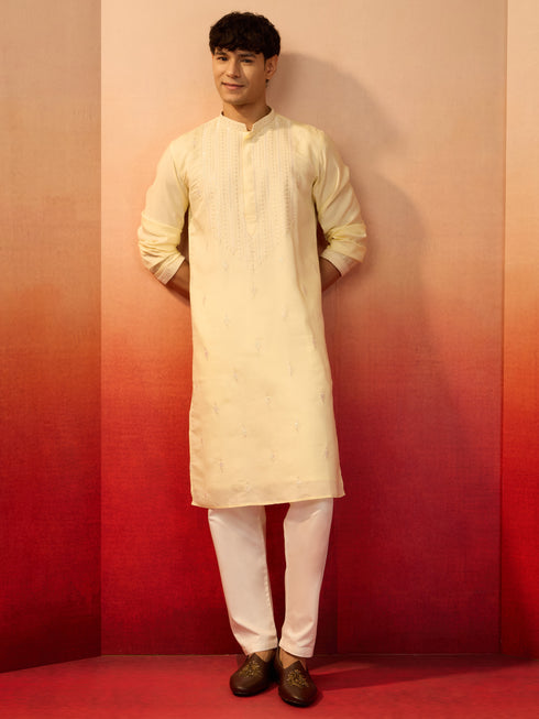 Men's Yellow Silk Blend Embroidered Kurta with Cream Pyjama