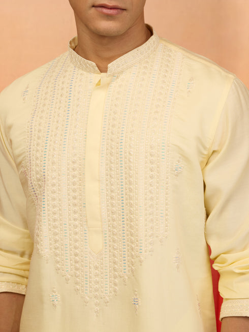 Men's Yellow Silk Blend Embroidered Kurta with Cream Pyjama