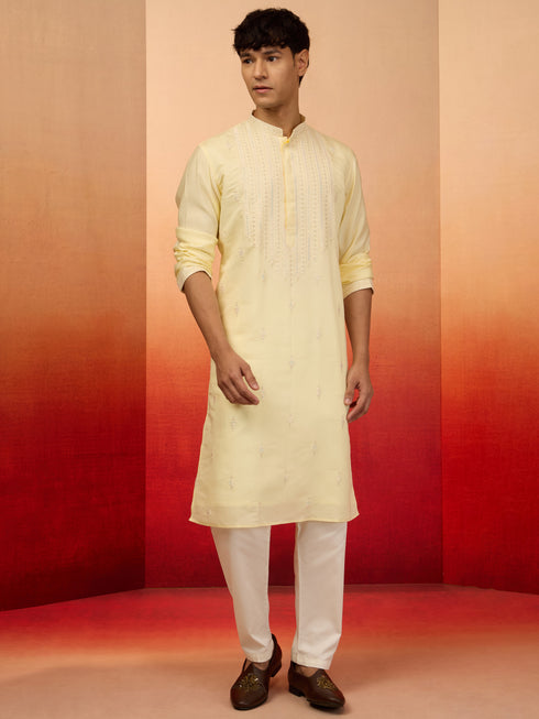 Men's Yellow Silk Blend Embroidered Kurta with Cream Pyjama