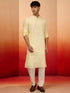 Men's Yellow Silk Blend Embroidered Kurta with Cream Pyjama