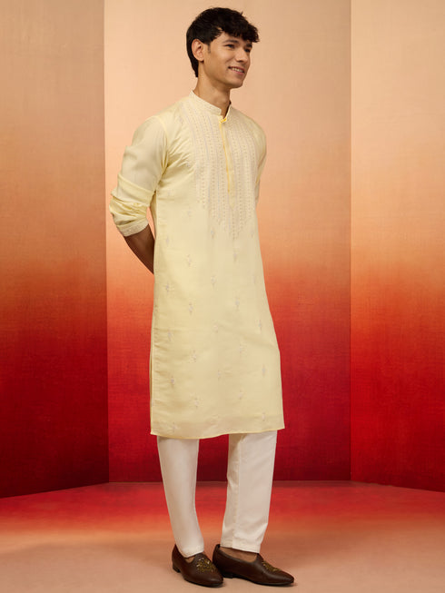 Men's Yellow Silk Blend Embroidered Kurta with Cream Pyjama