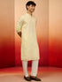 Men's Yellow Silk Blend Embroidered Kurta with Cream Pyjama