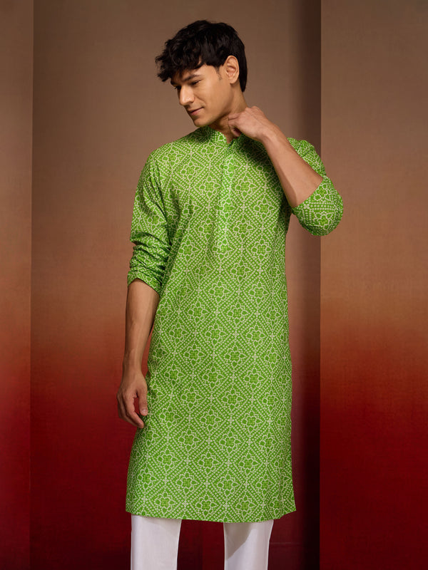 Men's Green Cotton Cambric Bandhani Kurta