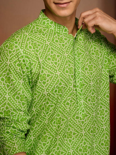 Mens Green Bandhani Kurta with Pyjama
