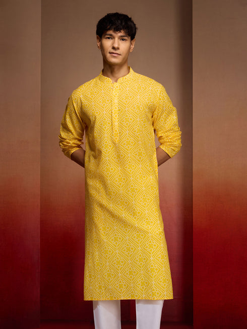 Men's Yellow Cotton Cambric Bandhani Kurta