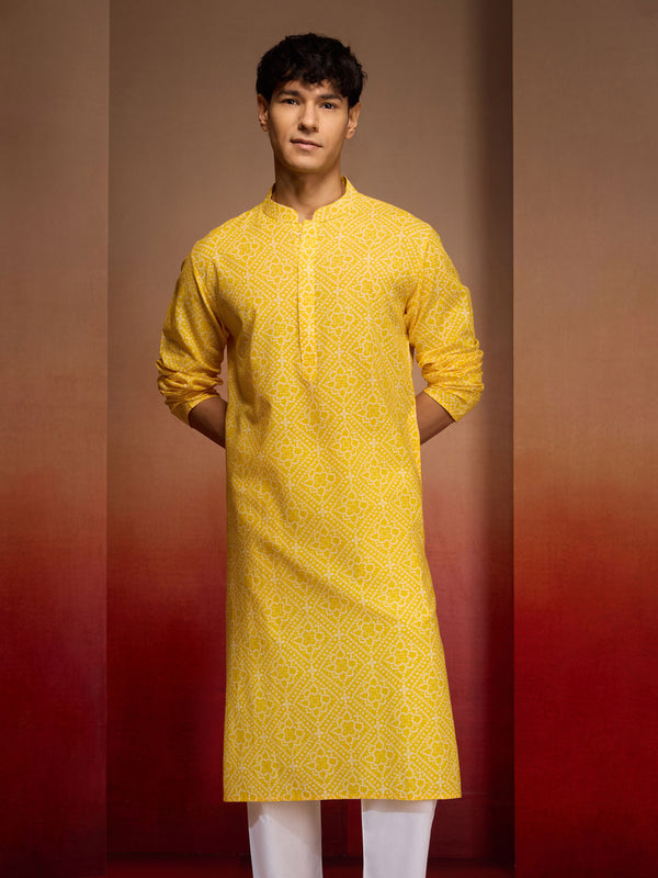 Men's Yellow Cotton Cambric Bandhani Kurta