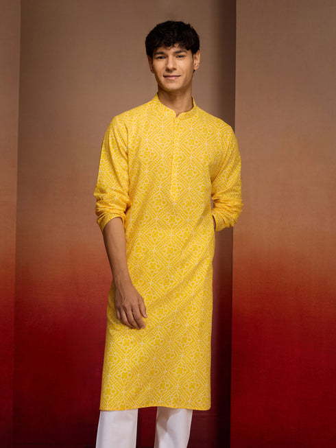 Men's Yellow Cotton Cambric Bandhani Kurta