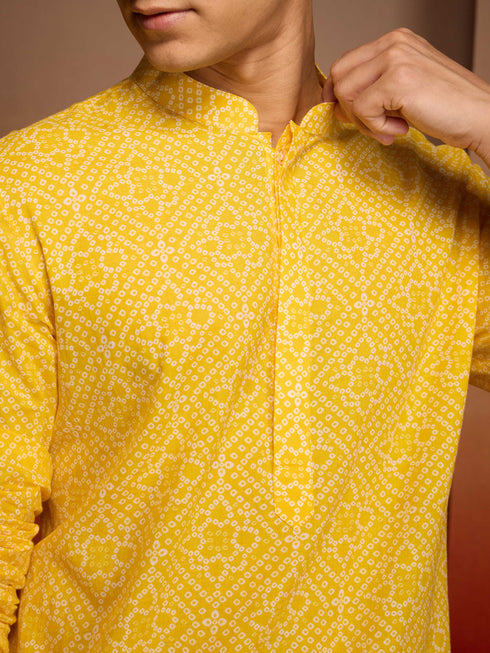Mens Yellow Bandhani Kurta with Pyjama