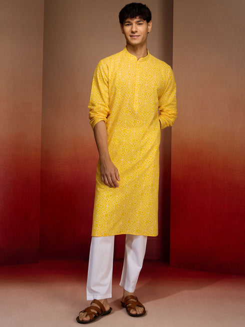 Mens Yellow Bandhani Kurta with Pyjama