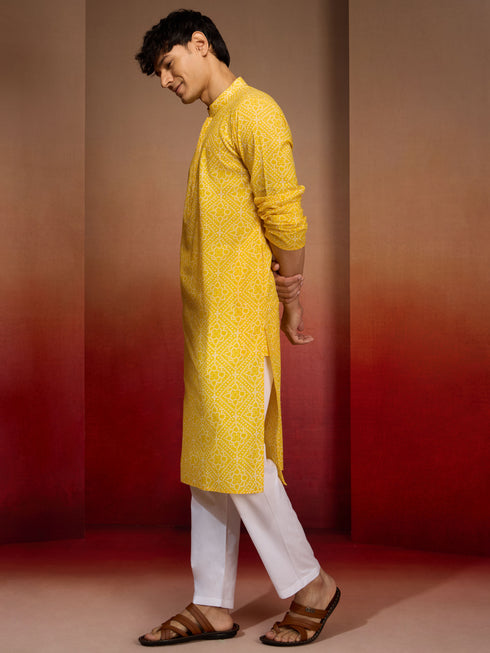 Mens Yellow Bandhani Kurta with Pyjama