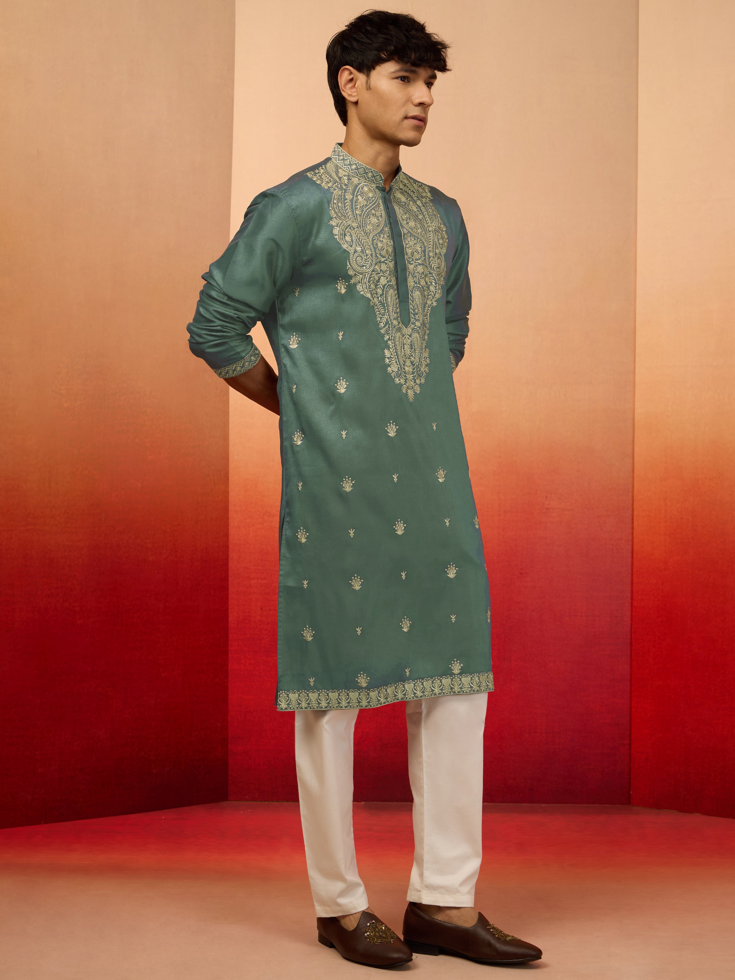 Men's Mint Green Silk Blend Resham Embroidered Kurta with Cream Pyjama