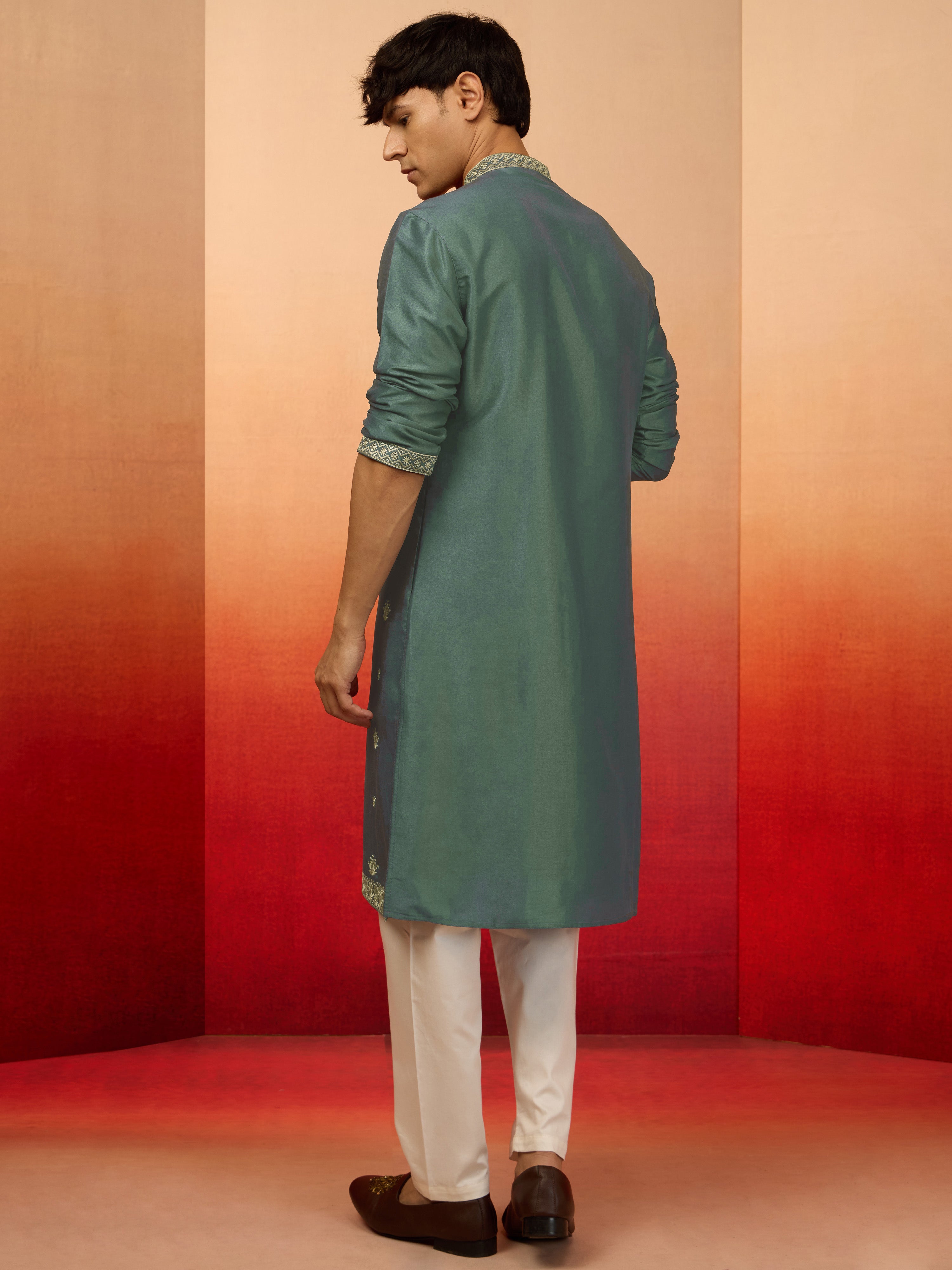 Men's Mint Green Silk Blend Resham Embroidered Kurta with Cream Pyjama