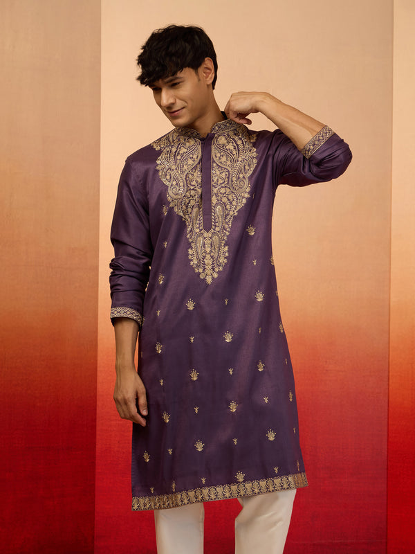 Men's Purple Resham Embroidered Silk Kurta