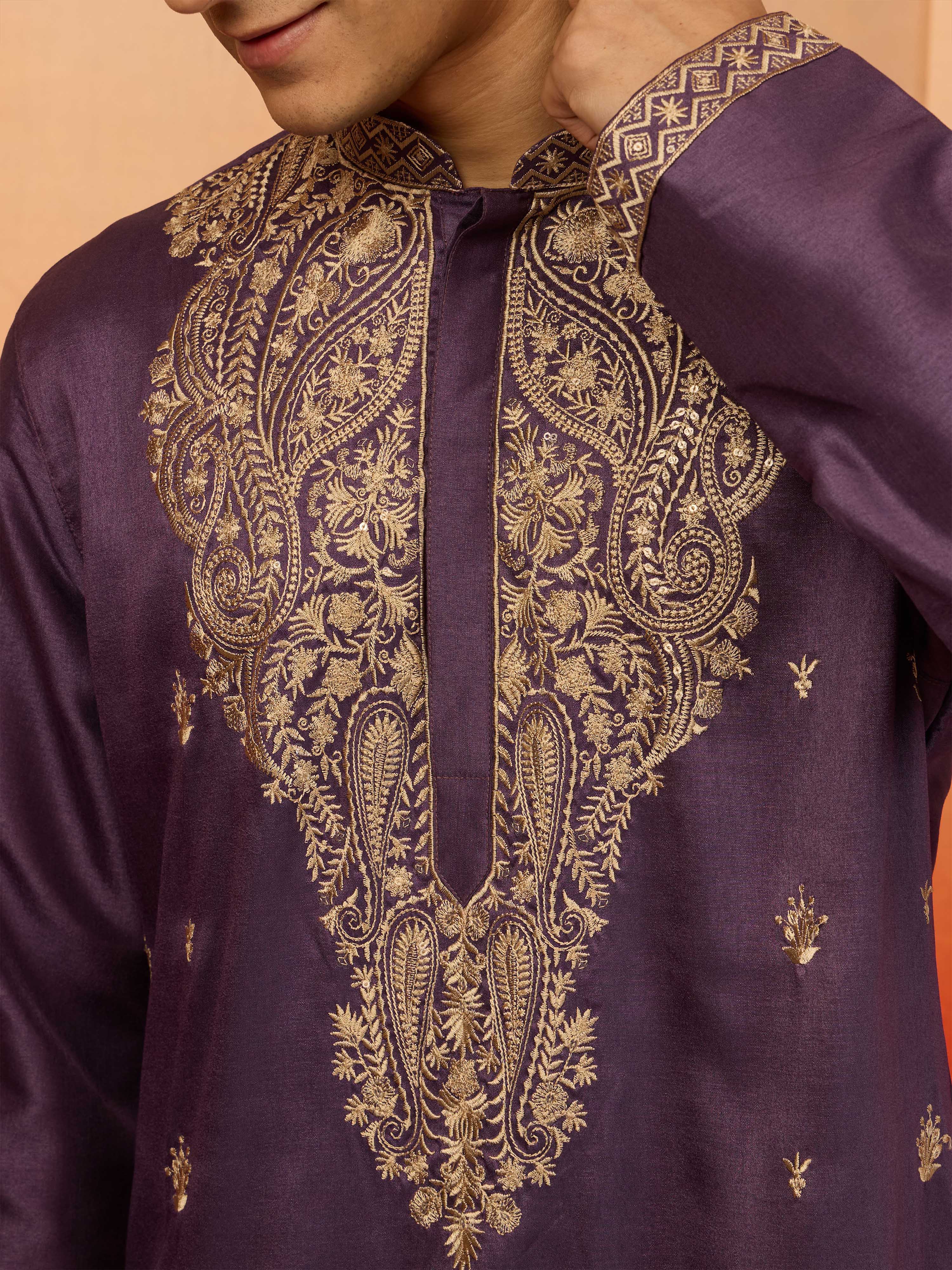 Men's Purple Resham Embroidered Silk Kurta