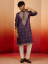 Men's Purple Silk Blend Resham Embroidered Kurta with Cream Pyjama