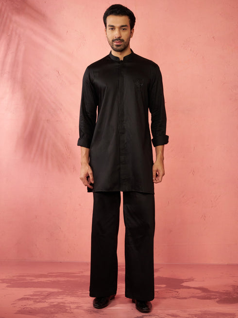 Men's Black Fine Satin Stone Work Kurta with Flare Pant