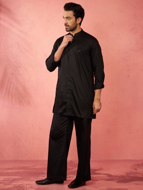 Men's Black Fine Satin Stone Work Kurta with Flare Pant