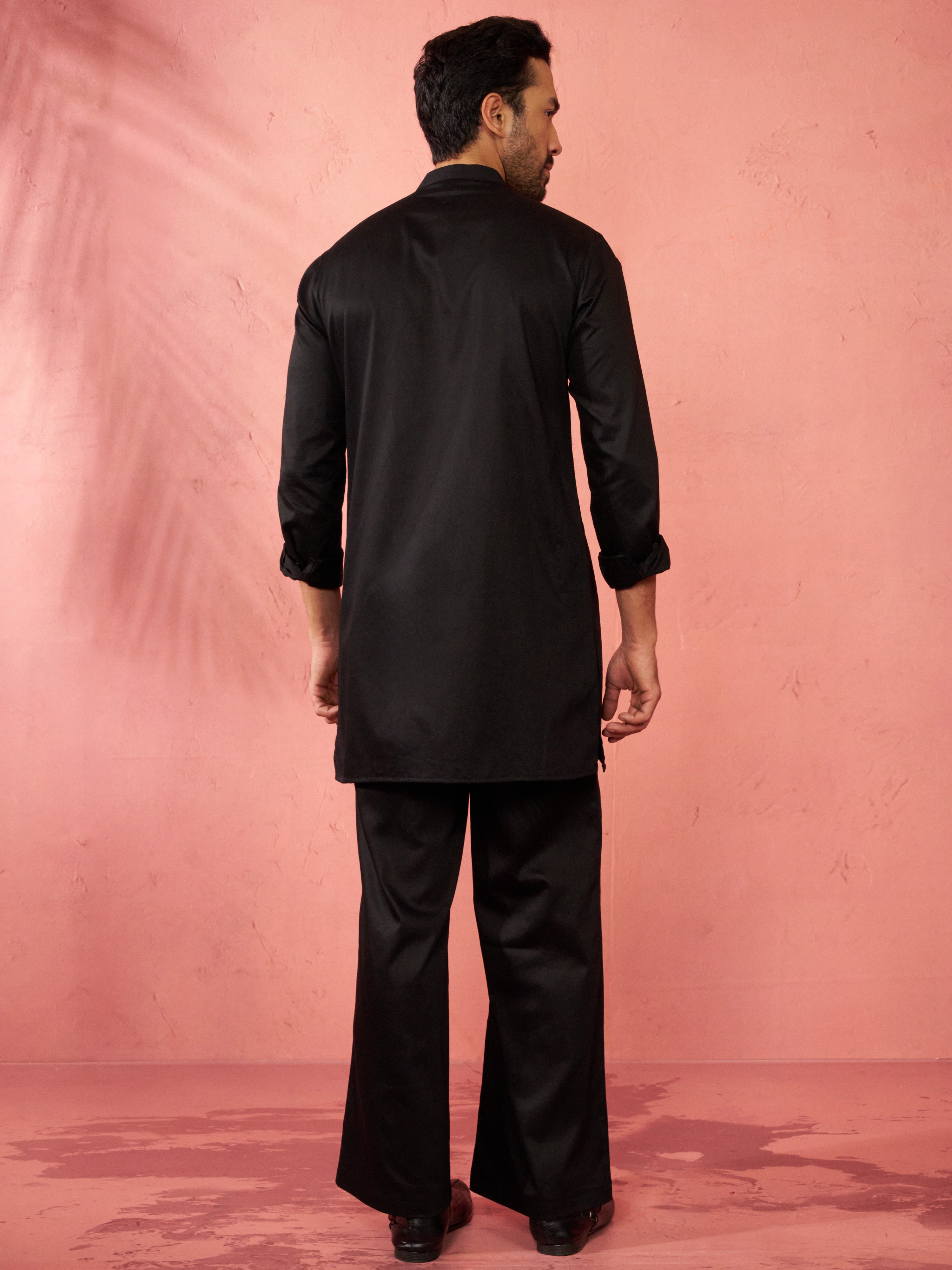 Men's Black Fine Satin Stone Work Kurta with Flare Pant
