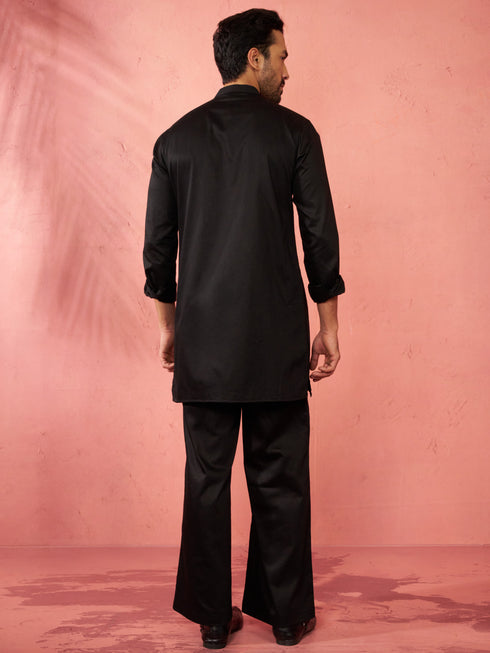 Men's Black Fine Satin Stone Work Kurta with Flare Pant