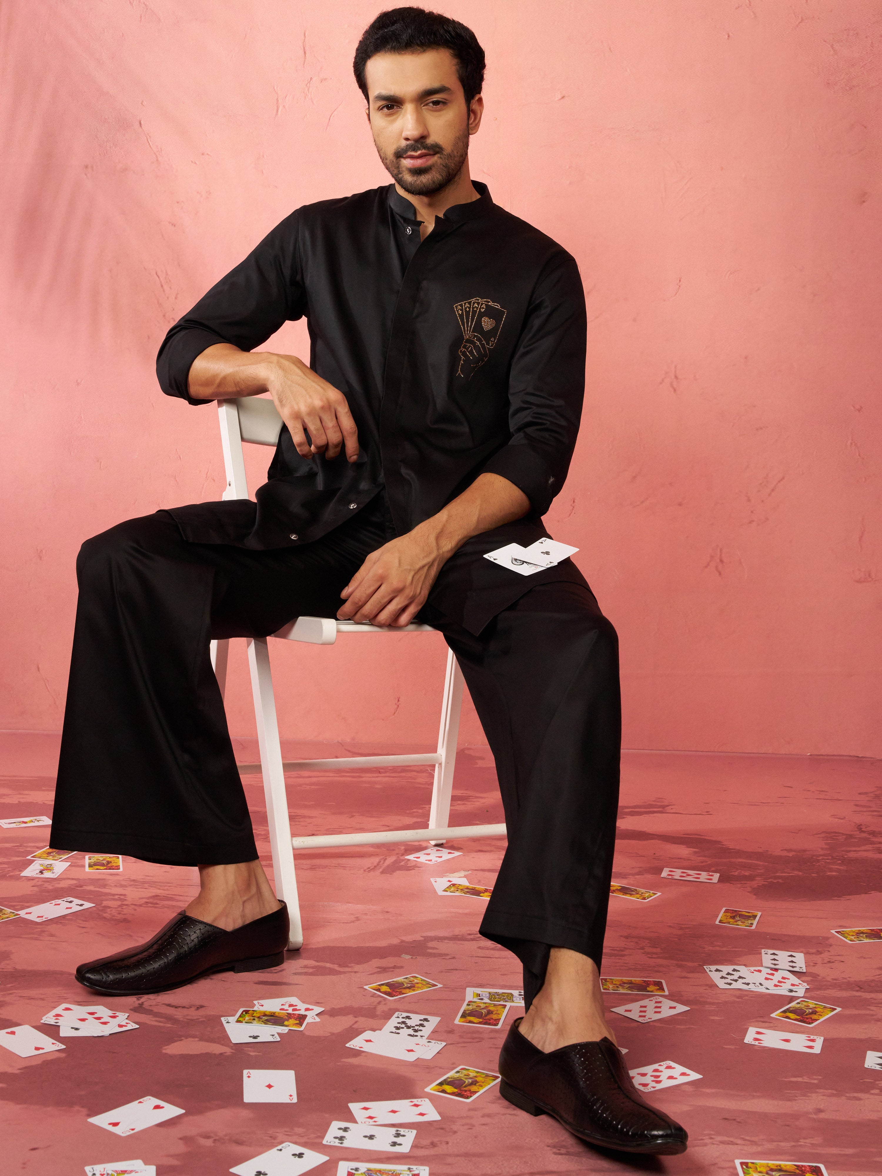 Men's Gold Fine Satin Stone Work Kurta with Black Flare Pant