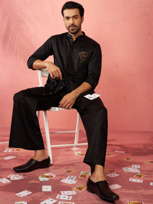 Men's Gold Fine Satin Stone Work Kurta with Black Flare Pant