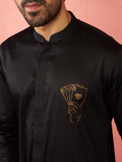 Men's Gold Fine Satin Stone Work Kurta with Black Flare Pant