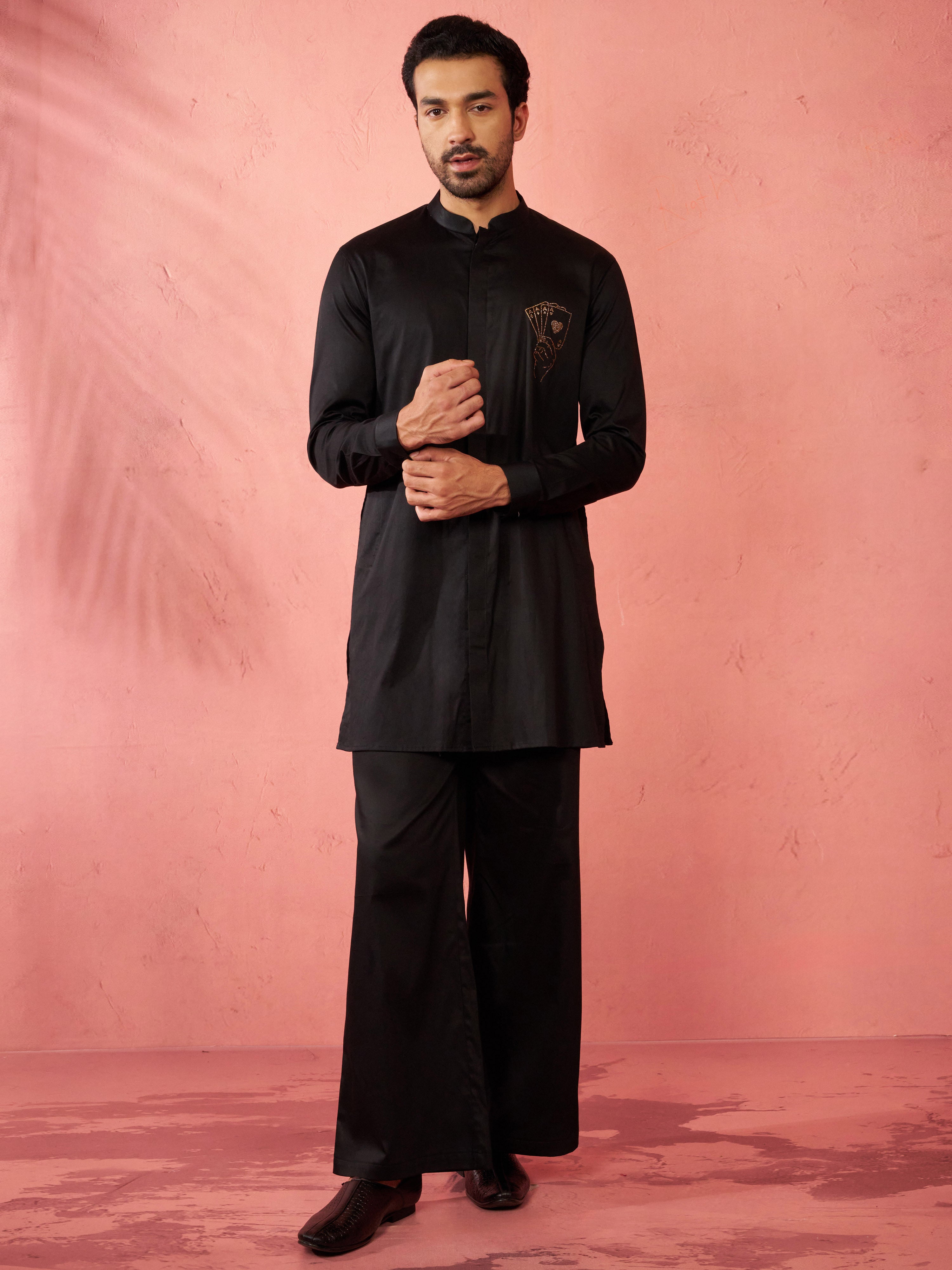 Men's Gold Fine Satin Stone Work Kurta with Black Flare Pant