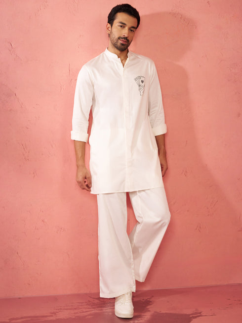 Men's White Fine Satin Stone Work Kurta with Cream Flare Pant
