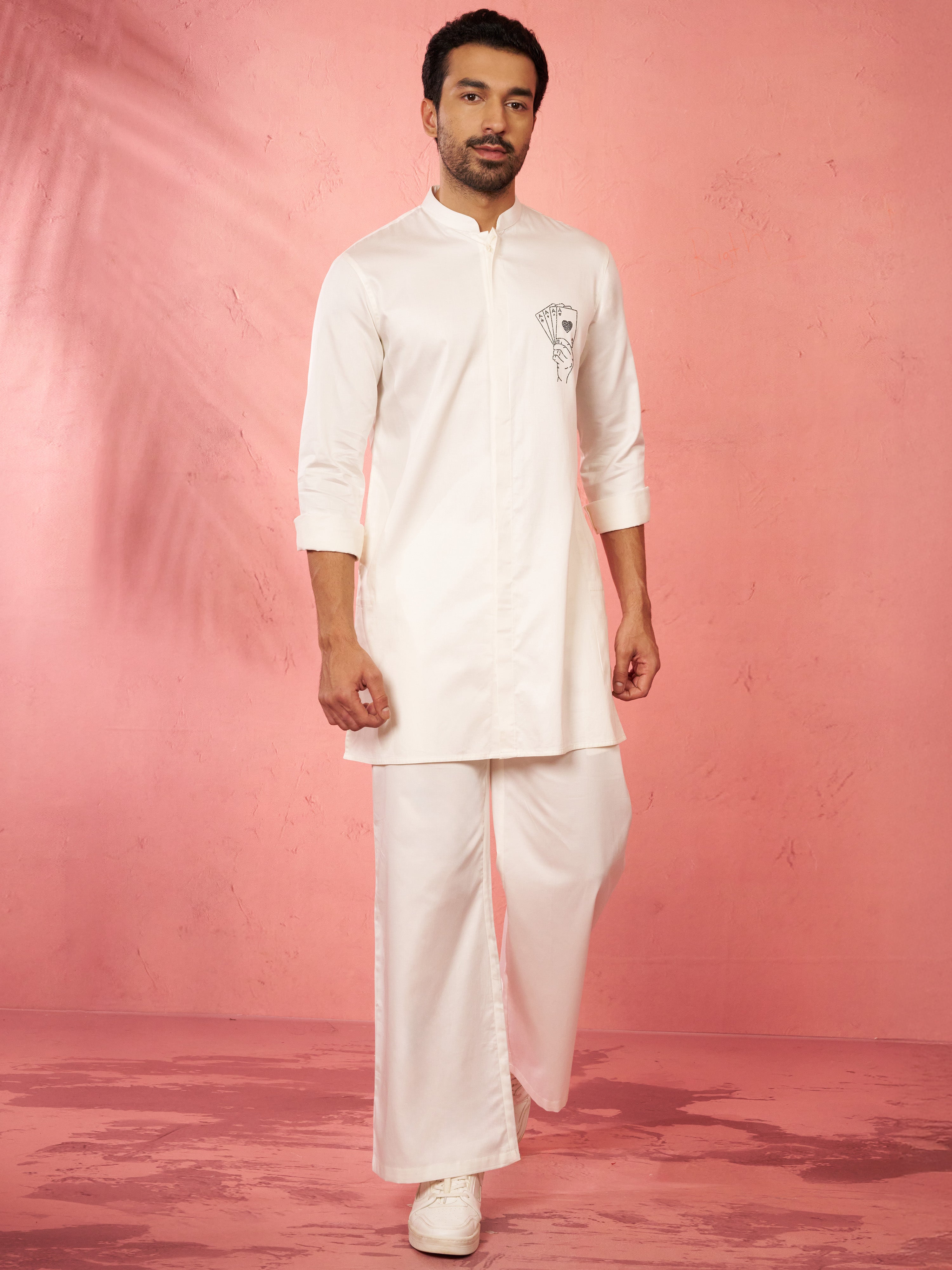 Men's White Fine Satin Stone Work Kurta with Cream Flare Pant