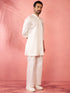 Men's White Fine Satin Stone Work Kurta with Cream Flare Pant