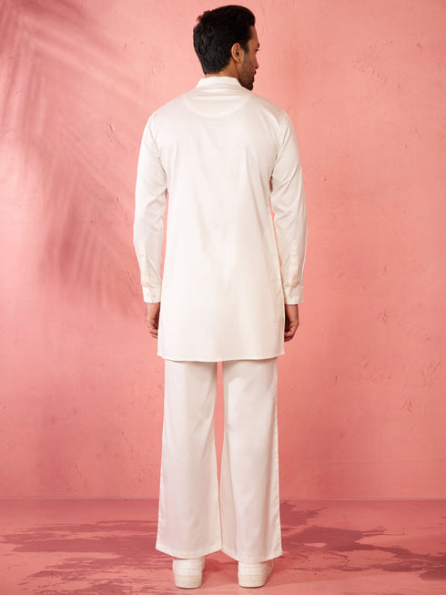 Men's White Fine Satin Stone Work Kurta with Cream Flare Pant