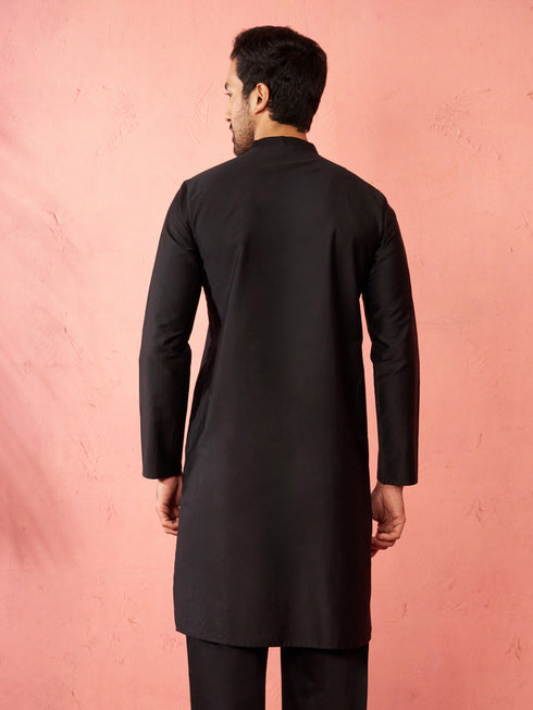 Men's Black Fine Satin Hand Embroidered Kurta