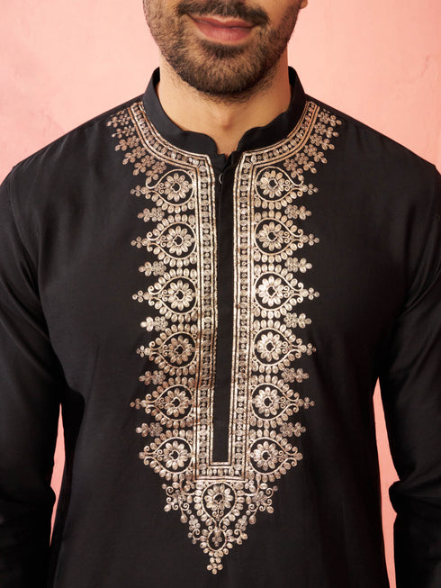Men's Black Fine Satin Kurta with Pyjama