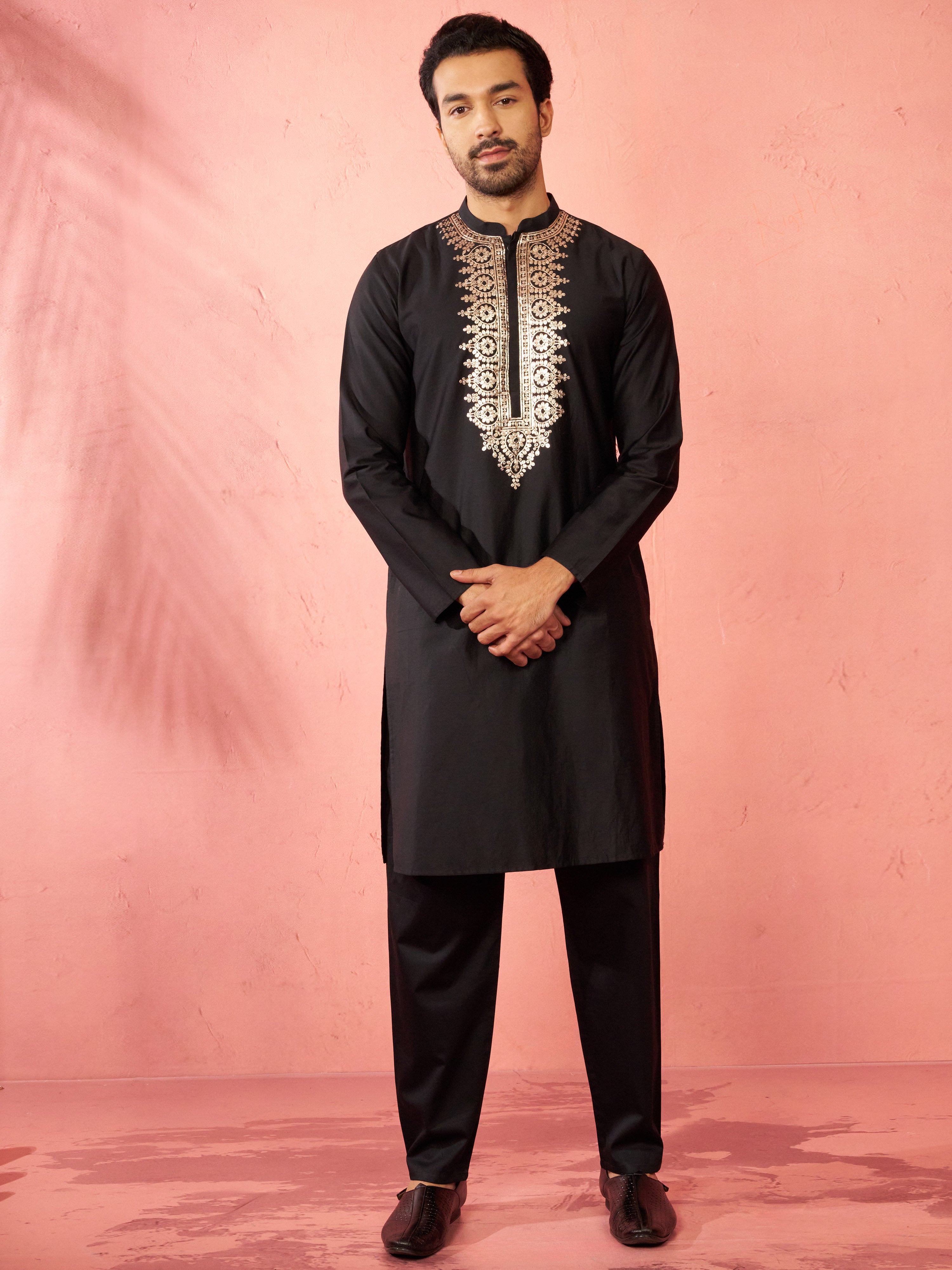 Men's Black Fine Satin Kurta with Pyjama