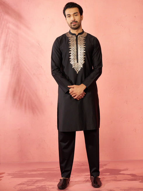 Men's Black Fine Satin Kurta with Pyjama
