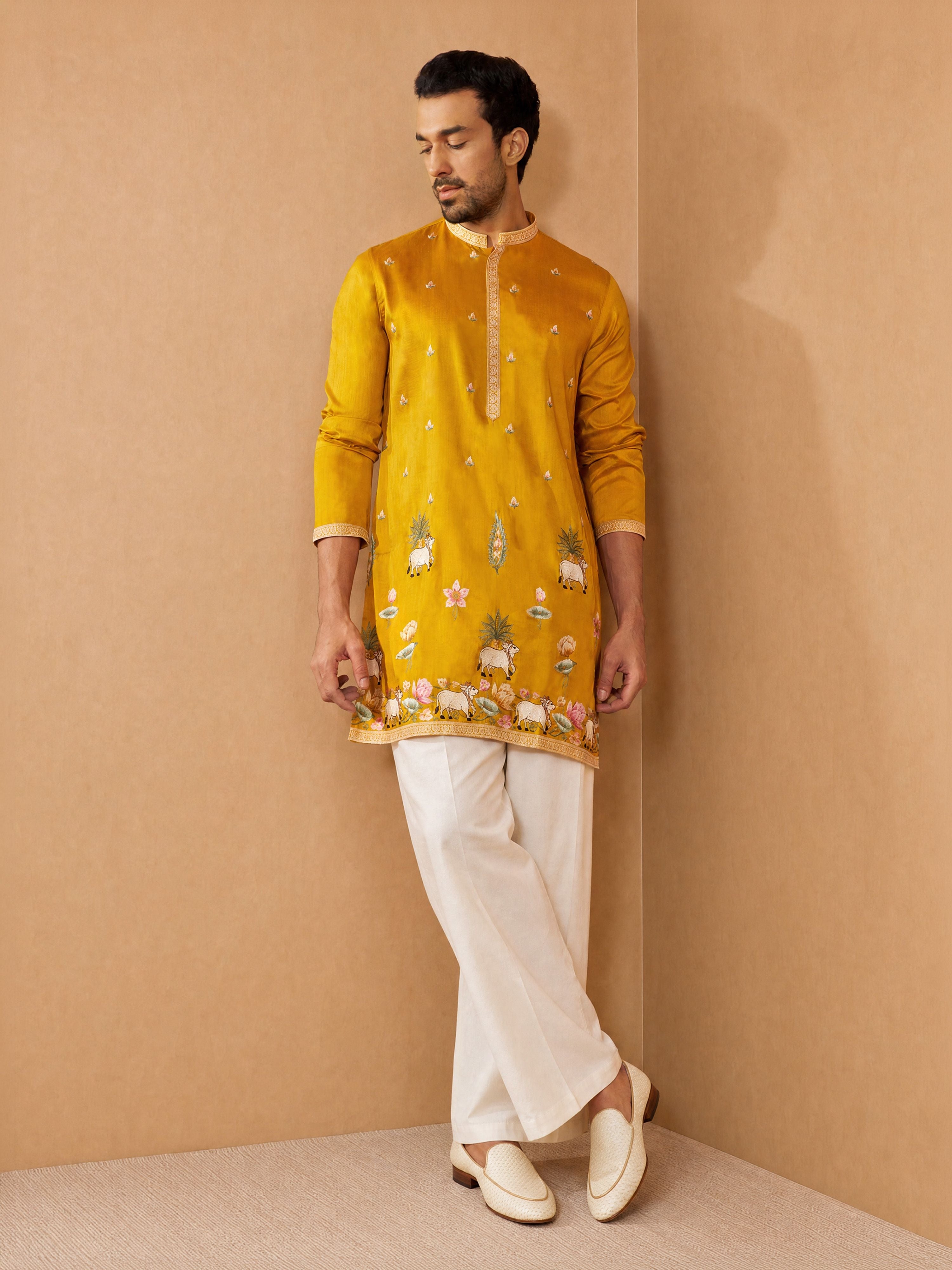 Men Mustard Silk Blend Thigh Length Kurta with Wide Leg Pant Festive Ethnic Wear