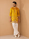 Men Mustard Silk Blend Thigh Length Kurta with Wide Leg Pant Festive Ethnic Wear