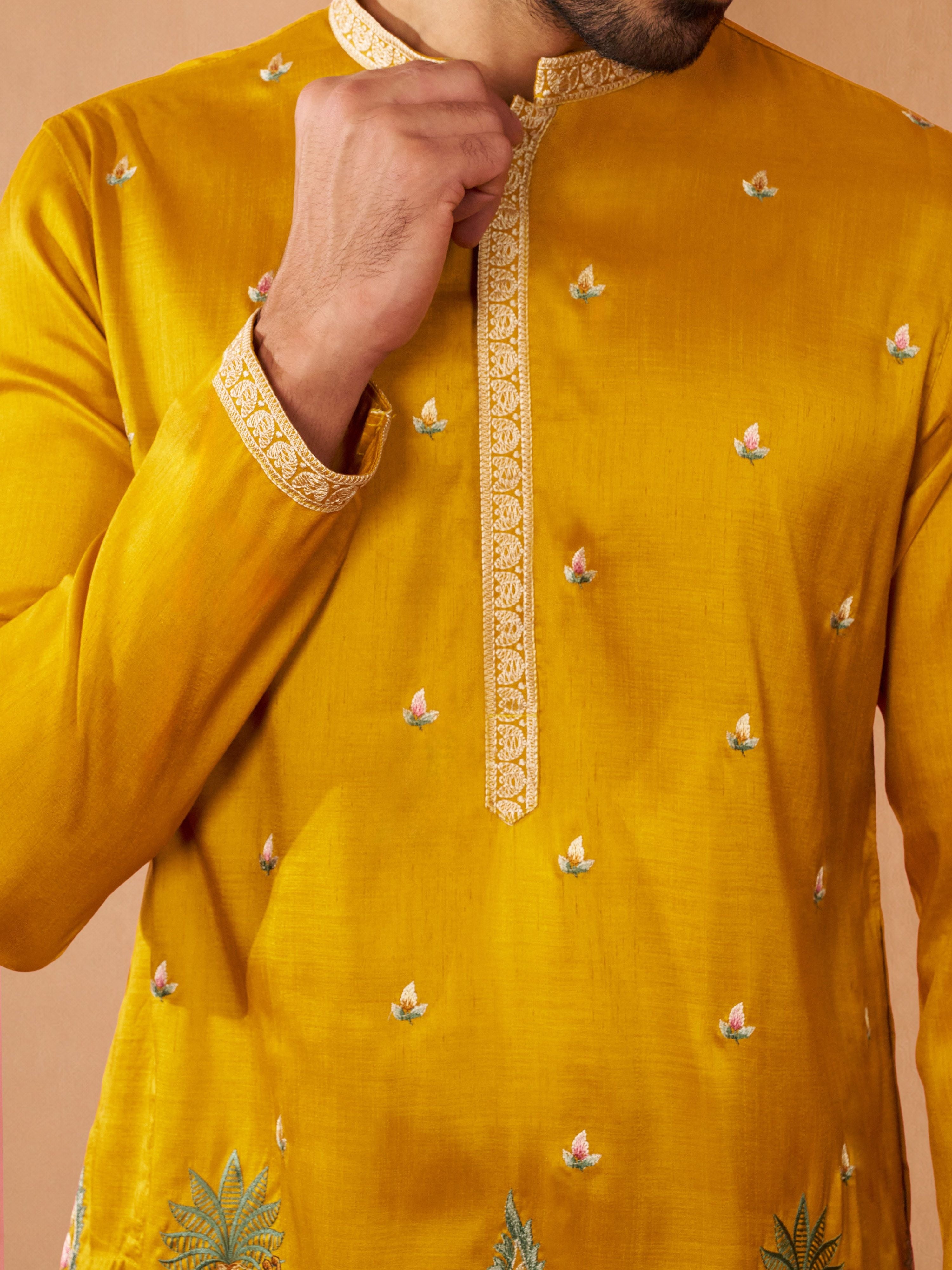 Men's Mustard Silk-Blend Embroidered Thigh Length Thigh Length Kurta with Wide Leg Pant